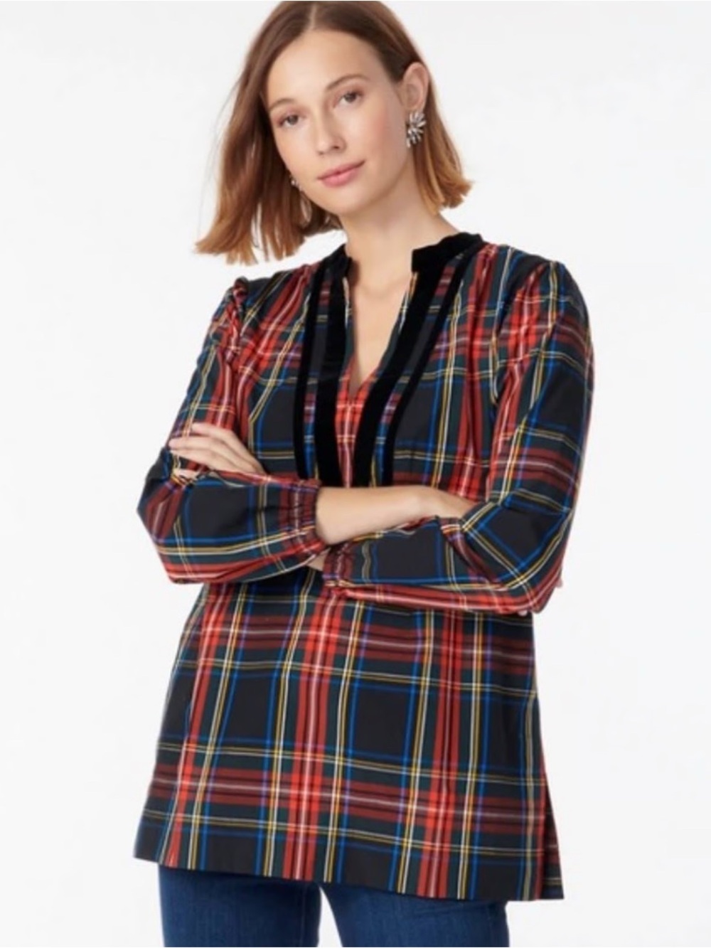 J. Crew Women's Plaid V-Neck Tunic Top - Red/Black